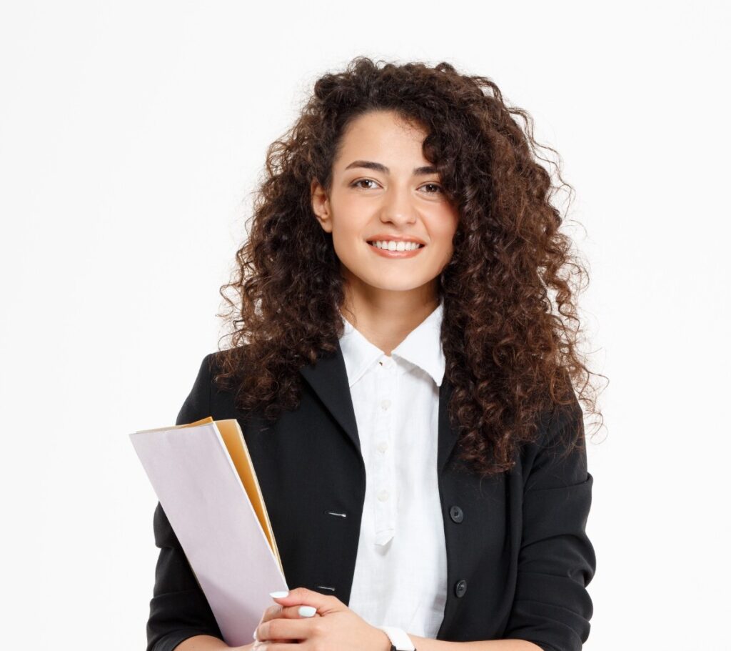 compressed young tender curly girl holding documents